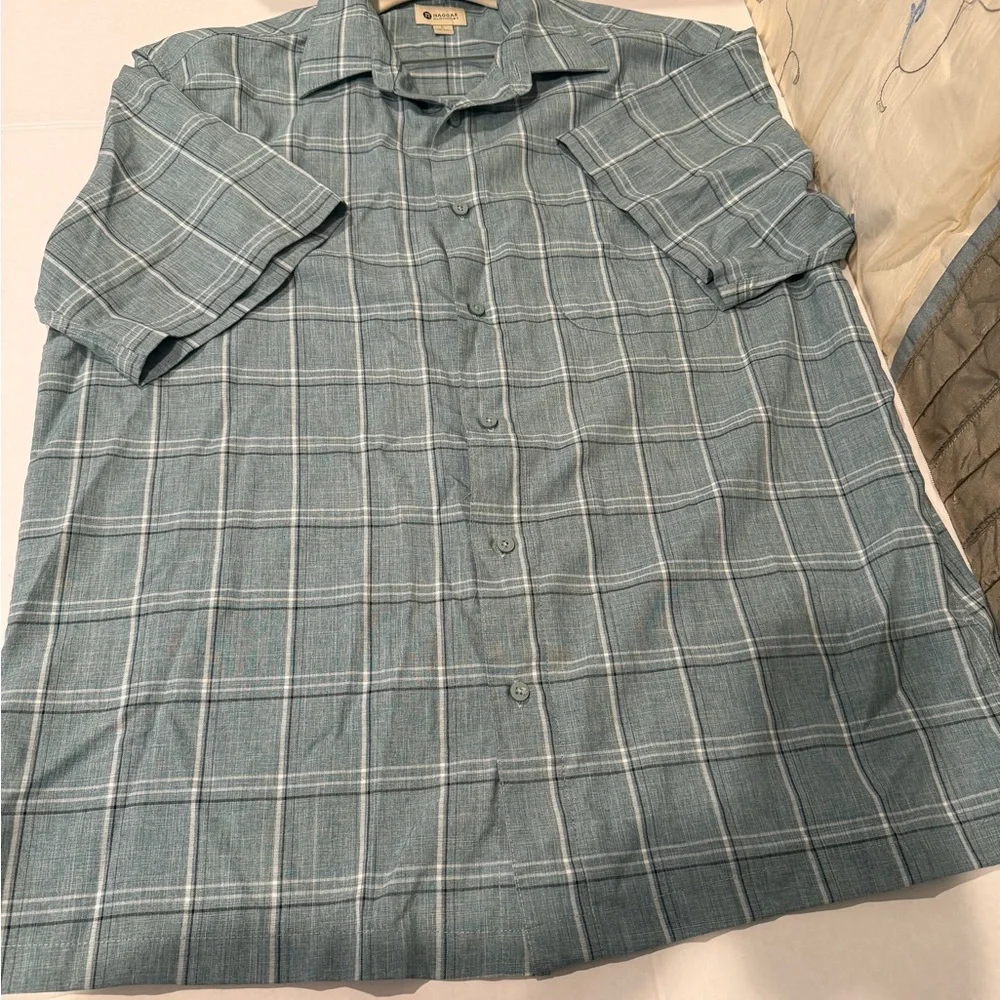 Haggar Teal Plaid Casual Button Down Shirt - Picture 7 of 8